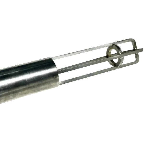 A stainless steel hose adapter with a cylindrical shape and a hose connection at one end.
