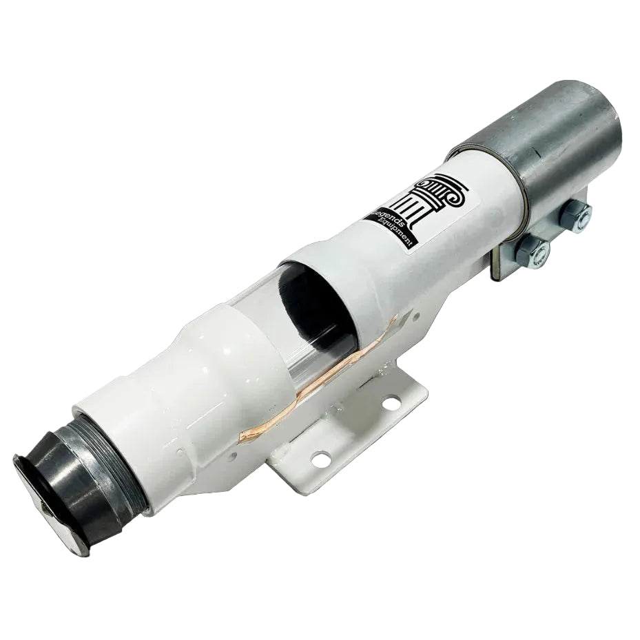 A white and silver tube trap sight glass assembly with a polycarbonate view window and carbon steel body, mounted on a wall bracket.